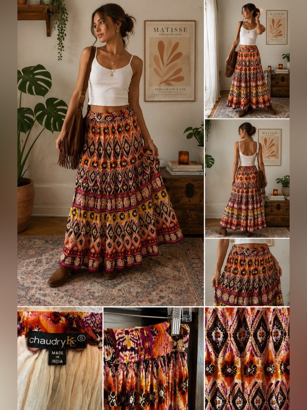 Chaudry KS Women’s Boho Maxi Skirt S Tribal Print Tiered Festival India Prairie